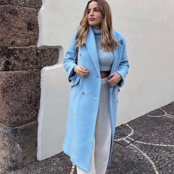 Zara double breasted oversized wool coat sky blue - Picture 10 of 15